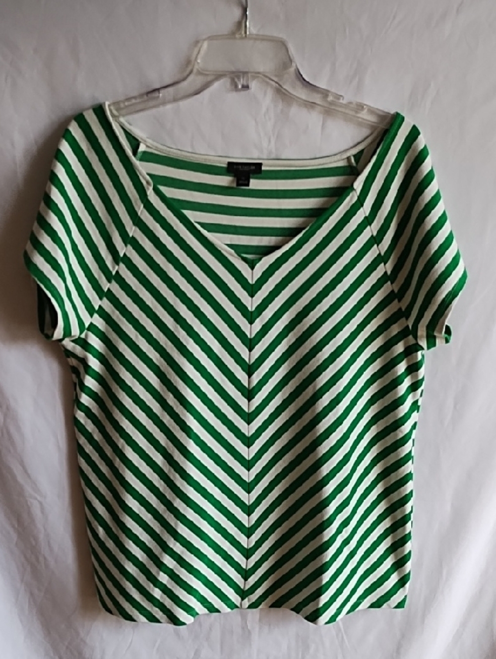 Ann Taylor Green and White Striped Short Sleeve Top